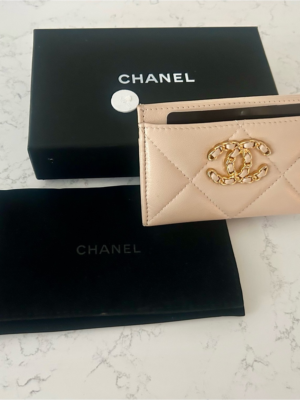 CHANEL Beige Quilted Card Holder with Gold Chain CC